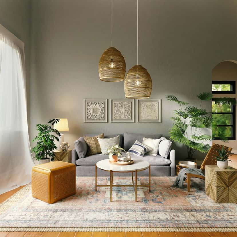 Warm boho living room, a natural home for a cluster of canvas prints