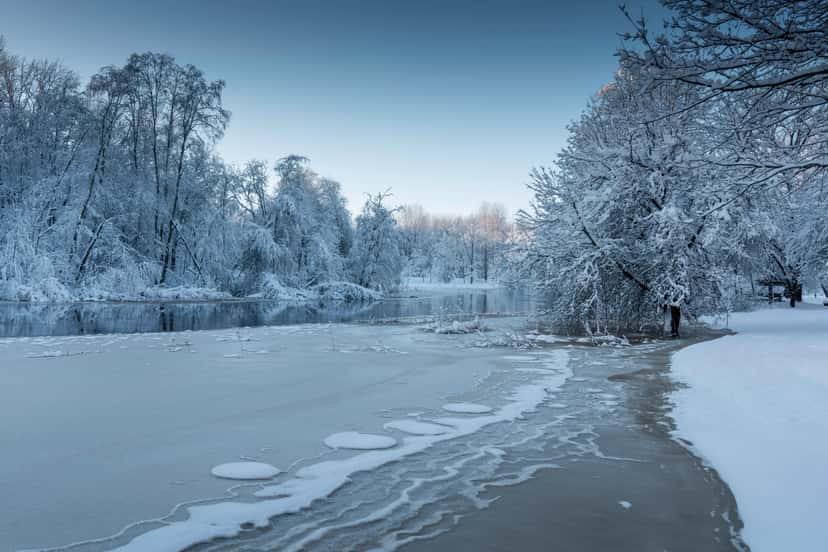 A snowy winter lake and frosted trees, the kind of wide landscape photo that suits a 3-panel split canvas